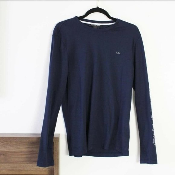 MICHAEL KORS Mens Navy Striped Long Sleeve Crew Neck Chambray Sweater